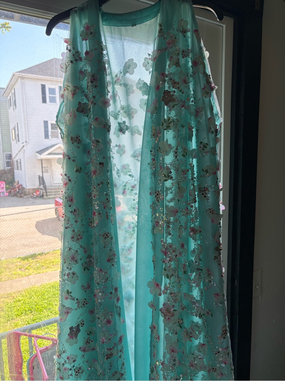3D Sheer Floral Maxi Dress in Aqua and pink